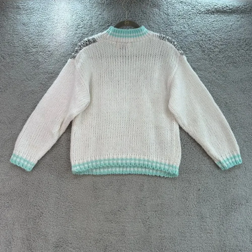 VTG Helium 80's Women's Large Knit Sweater Crew Neck White‎ / Gray / Blue